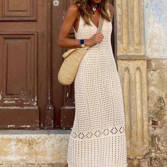 . Dresses & Skirts - Apricot Casual Women's Leisure Hollow Out Sleeveless Sweater Dress